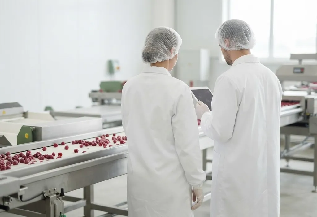 Two specialists in white coats checking a raspberry sorting line