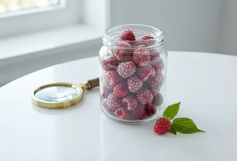 A glass jar of frozen raspberries and a magnifying glass on a white table