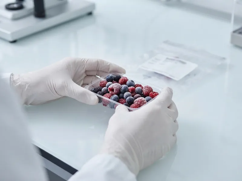 A lab technician in gloves holding a tray of frozen berries for inspection