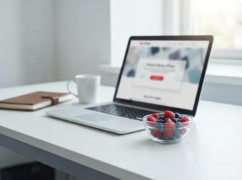 A laptop, a cup and a bowl of berries on a bright desk