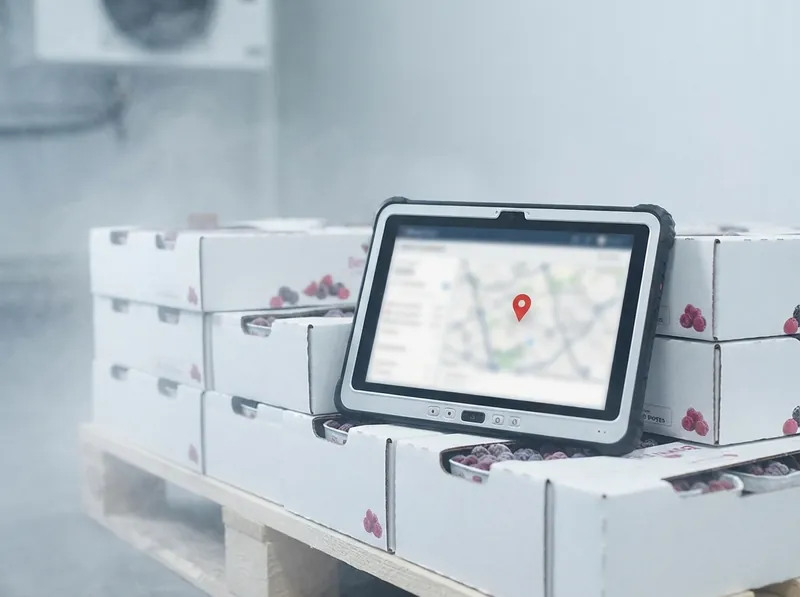 A tablet tracking a batch on a pallet of boxes of frozen berries