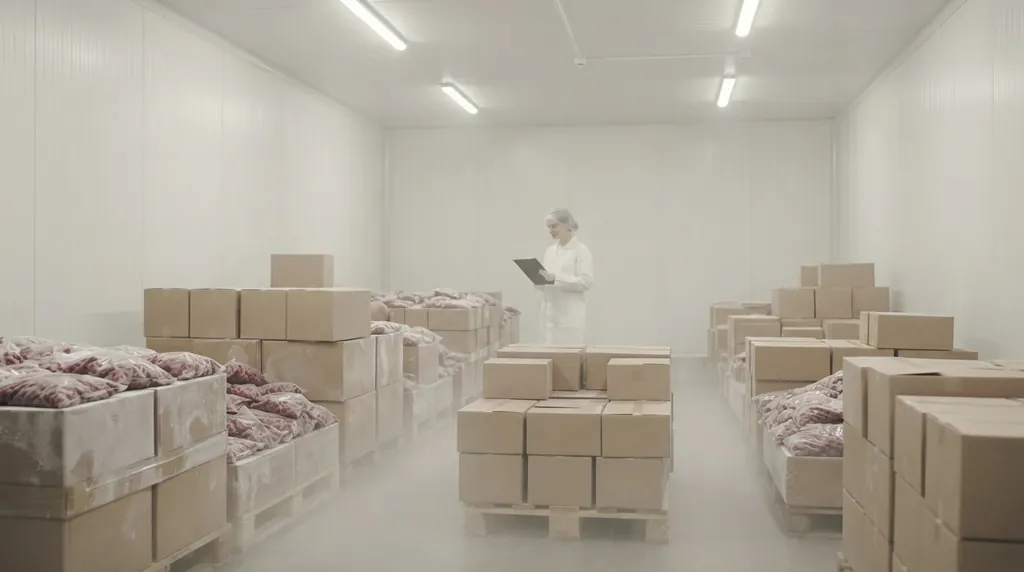 Pallets of frozen berries in a warehouse