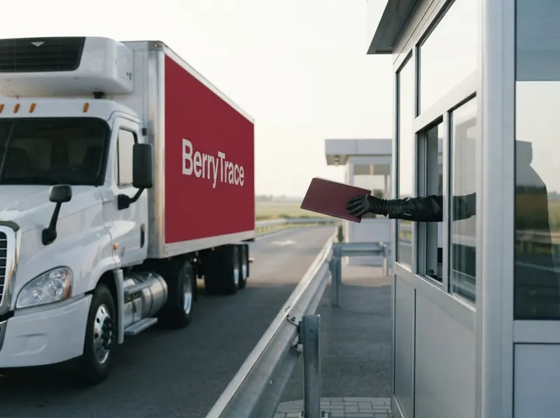 BerryTrace truck at a customs checkpoint, a folder of documents passed through the booth window