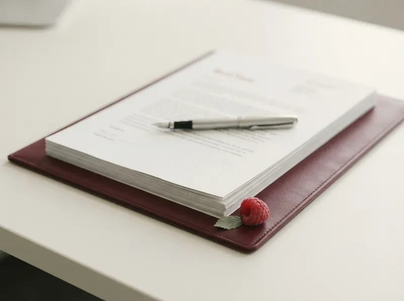 Export documents in a burgundy folder with a pen and a raspberry
