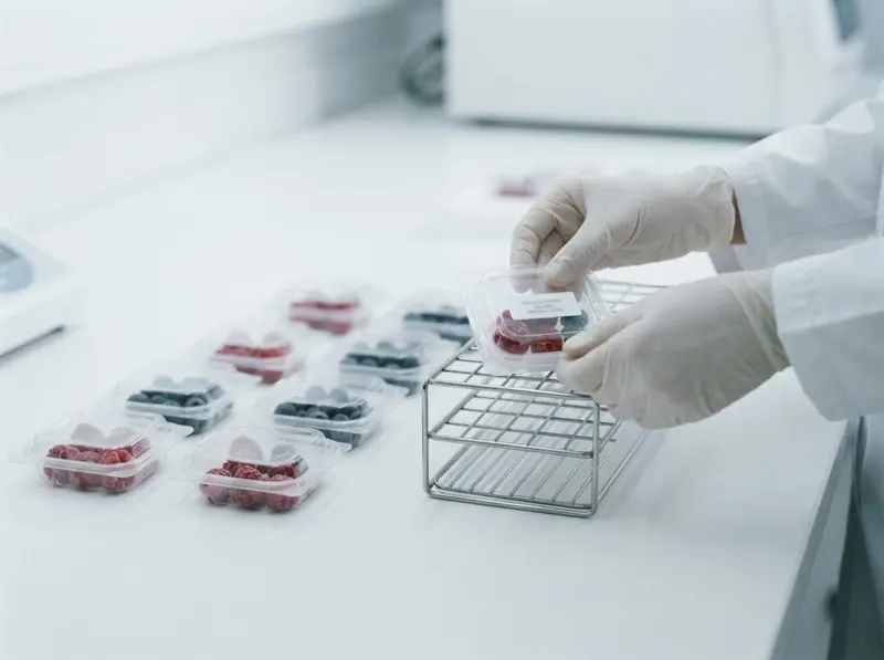 A lab technician in gloves arranging raspberry and blueberry samples for analysis