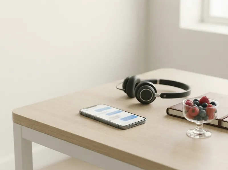 A smartphone with a chat, headphones and a bowl of berries on a desk