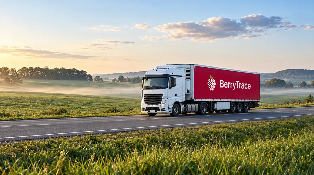 White BerryTrace refrigerated truck on a highway through morning fields