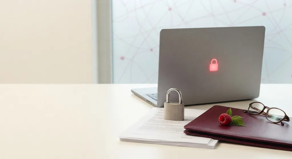 A laptop with a lock, documents and a folder on a desk — protecting your data