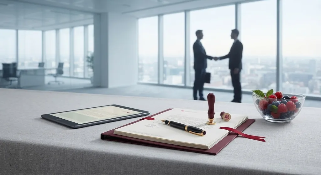 An agreement with a pen and a seal on a table, a handshake in the window